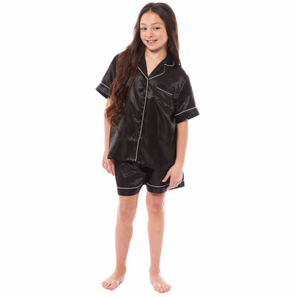 Kids Satin Silk Pyjama Set for Girls with Button-Down Shirt and Loose-Fitting Pants Comfortable Loungewear in Black Pink Grey Ages 5-14 by Daisy Dreamer