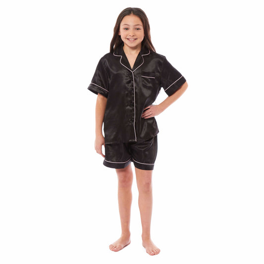 Kids Satin Silk Pyjama Set for Girls with Button-Down Shirt and Loose-Fitting Pants Comfortable Loungewear in Black Pink Grey Ages 5-14 by Daisy Dreamer