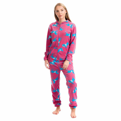Ladies Soft Horse Print Fleece Hooded Onesie Pyjamas Warm Nightwear Jumpsuit with Zipper Elastic Cuffs Pink Blue Sizes 10-20 by Daisy Dreamer