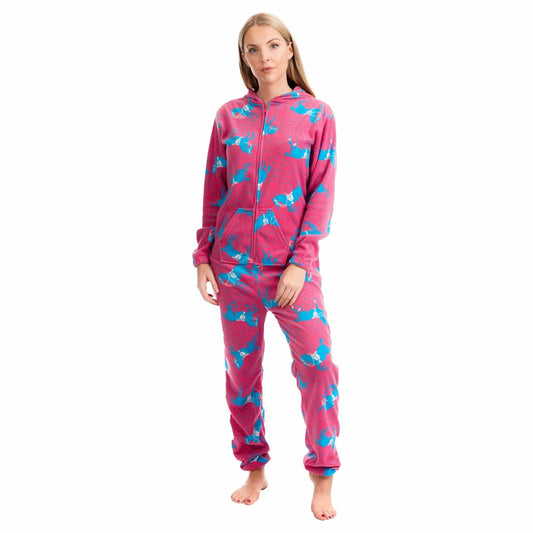 Ladies Soft Horse Print Fleece Hooded Onesie Pyjamas Warm Nightwear Jumpsuit with Zipper Elastic Cuffs Pink Blue Sizes 10-20 by Daisy Dreamer