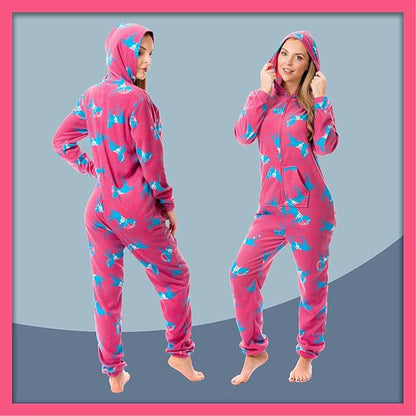 Ladies Soft Horse Print Fleece Hooded Onesie Pyjamas Warm Nightwear Jumpsuit with Zipper Elastic Cuffs Pink Blue Sizes 10-20 by Daisy Dreamer