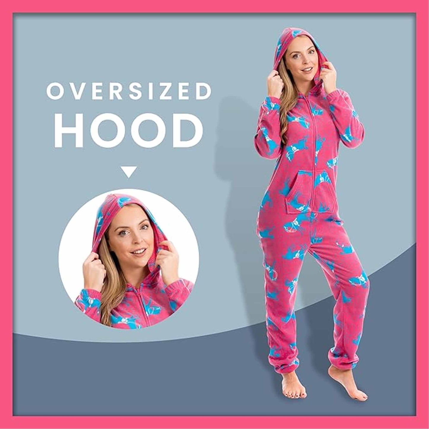 Ladies Soft Horse Print Fleece Hooded Onesie Pyjamas Warm Nightwear Jumpsuit with Zipper Elastic Cuffs Pink Blue Sizes 10-20 by Daisy Dreamer