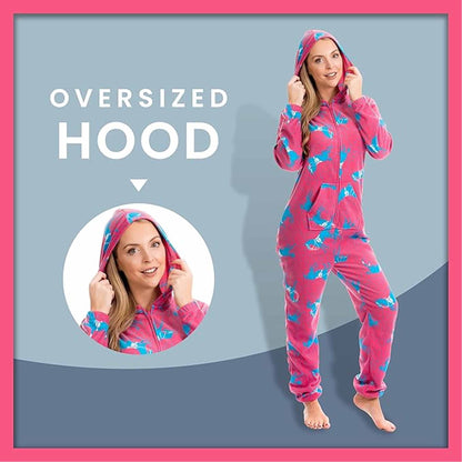 Ladies Soft Horse Print Fleece Hooded Onesie Pyjamas Warm Nightwear Jumpsuit with Zipper Elastic Cuffs Pink Blue Sizes 10-20 by Daisy Dreamer