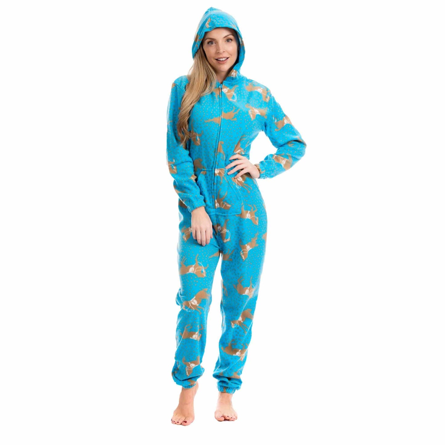 Ladies Soft Horse Print Fleece Hooded Onesie Pyjamas Warm Nightwear Jumpsuit with Zipper Elastic Cuffs Pink Blue Sizes 10-20 by Daisy Dreamer