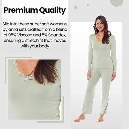 Ladies Ultra Soft Long Sleeve Pyjama Set Stretch Fit Black Green, Cozy All Seasons Loungewear, Viscose Spandex Women's Nightwear UK Sizes 8-22 by Daisy Dreamer
