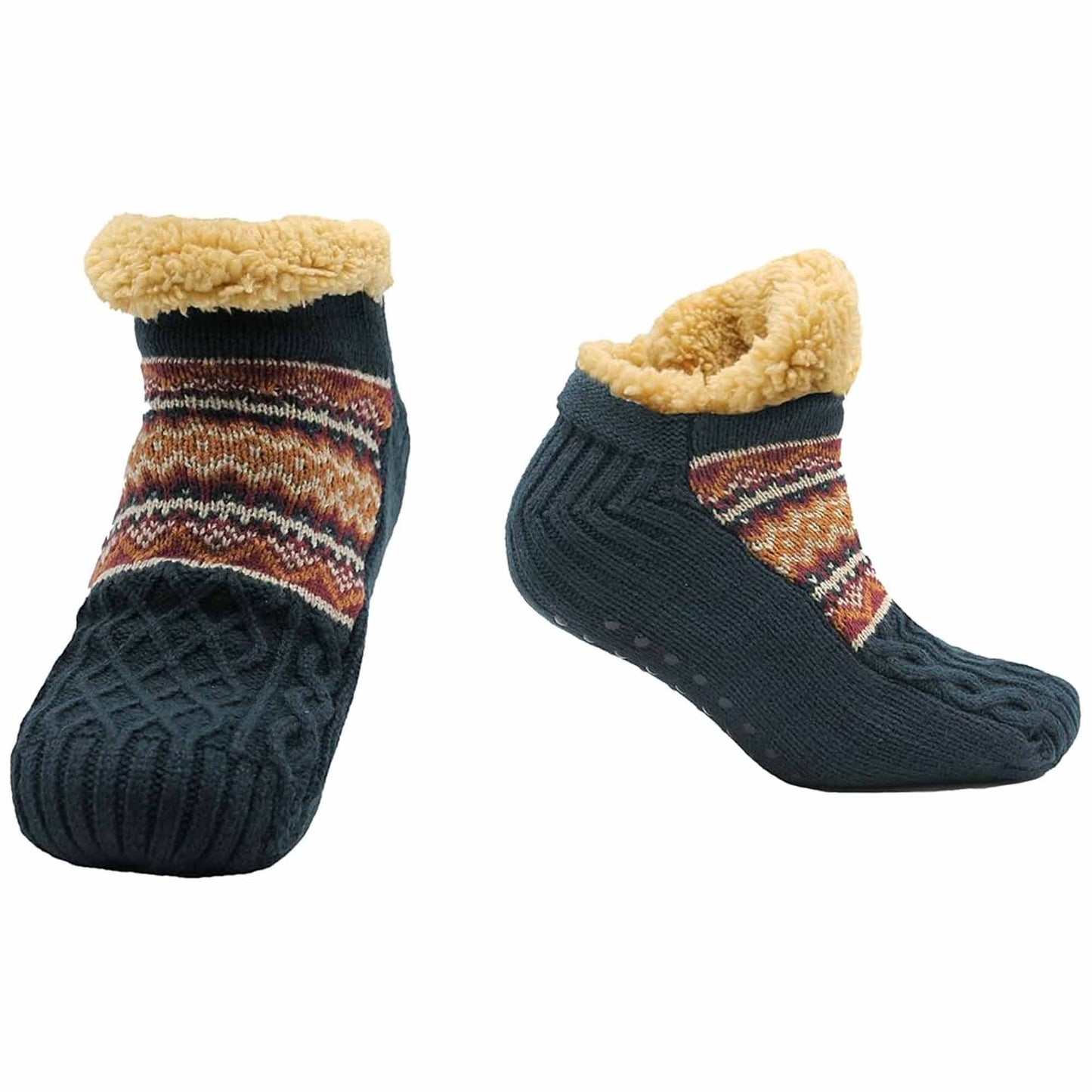 Luxurious Nordic Fluffy Sherpa Lined Slipper Socks for Men and Women Warm Non-Slip Indoor Winter House Shoes Fair Isle Black Navy Grey UK 4-7 8-12 by Sock Stack