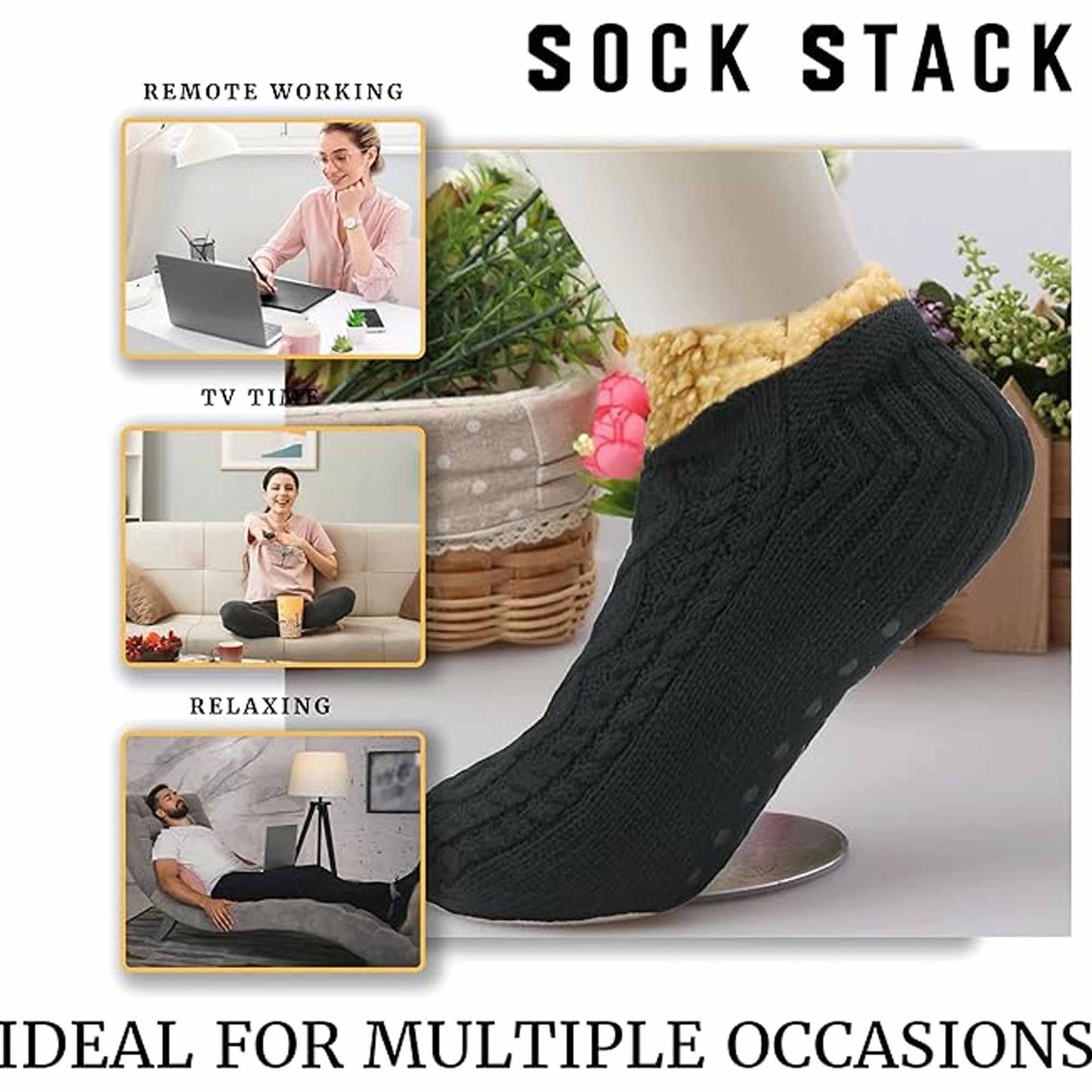 Luxurious Nordic Fluffy Sherpa Lined Slipper Socks for Men and Women Warm Non-Slip Indoor Winter House Shoes Fair Isle Black Navy Grey UK 4-7 8-12 by Sock Stack