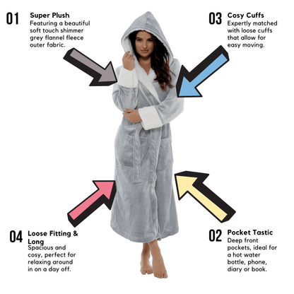 Women's Luxurious Shimmer Grey Fleece Dressing Gown With Sherpa Fur Hood Plush Flannel Bath Robe Elegant Silver Soft Cozy Loungewear by Daisy Dreamer