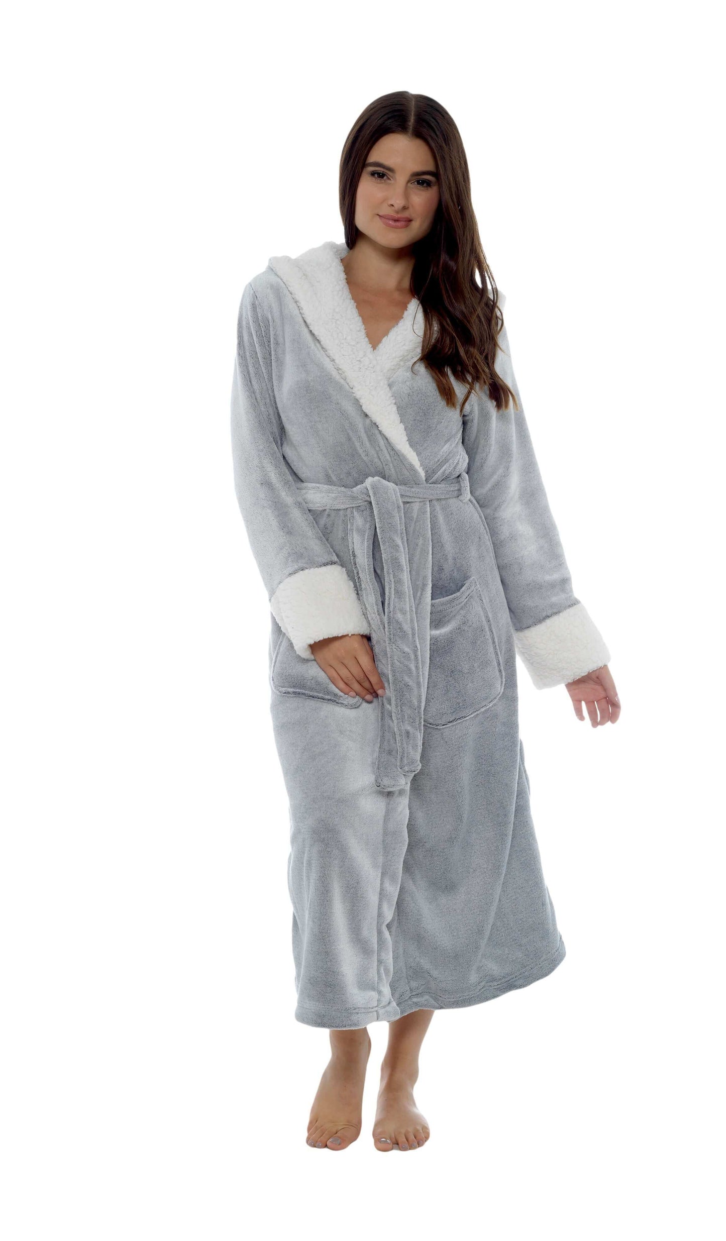Women's Luxurious Shimmer Grey Fleece Dressing Gown With Sherpa Fur Hood Plush Flannel Bath Robe Elegant Silver Soft Cozy Loungewear by Daisy Dreamer