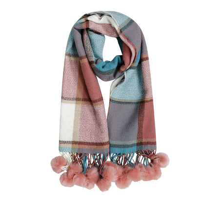 Luxurious Women's Oversized Soft Touch Scarf Blanket with Pom Poms Red and Pink Check Shawl Wrap Warm Winter Fashion 100 Acrylic by Sock Stack