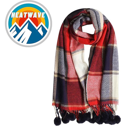 Luxurious Women's Oversized Soft Touch Scarf Blanket with Pom Poms Red and Pink Check Shawl Wrap Warm Winter Fashion 100 Acrylic by Sock Stack