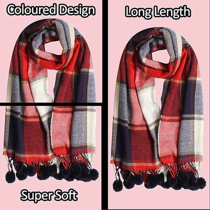 Luxurious Women's Oversized Soft Touch Scarf Blanket with Pom Poms Red and Pink Check Shawl Wrap Warm Winter Fashion 100 Acrylic by Sock Stack