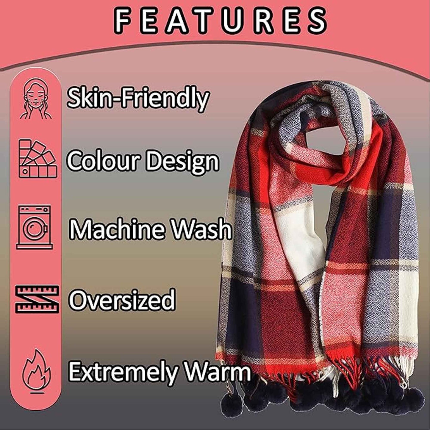 Luxurious Women's Oversized Soft Touch Scarf Blanket with Pom Poms Red and Pink Check Shawl Wrap Warm Winter Fashion 100 Acrylic by Sock Stack