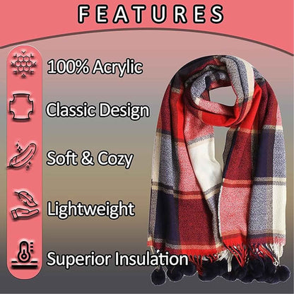 Luxurious Women's Oversized Soft Touch Scarf Blanket with Pom Poms Red and Pink Check Shawl Wrap Warm Winter Fashion 100 Acrylic by Sock Stack