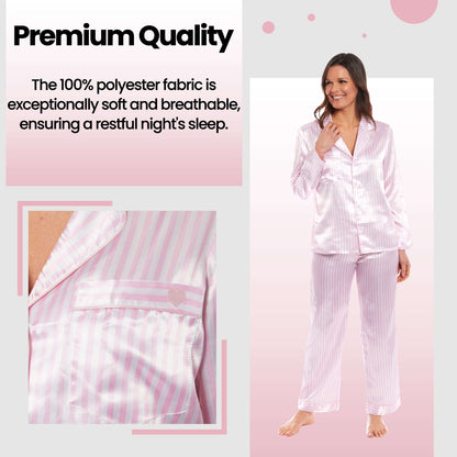 Luxurious Women's Satin Silk Long Sleeve Pyjama Set Cozy Loungewear Nightwear with Dress Shirt Collar and Loose-Fitting Pants in Black Pink Grey by Daisy Dreamer