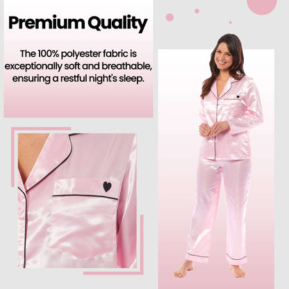 Luxurious Women's Satin Silk Long Sleeve Pyjama Set Cozy Loungewear Nightwear with Dress Shirt Collar and Loose-Fitting Pants in Black Pink Grey by Daisy Dreamer
