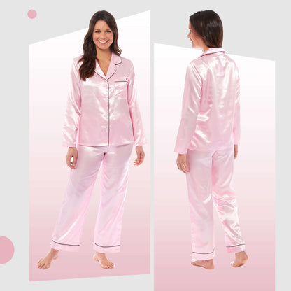 Luxurious Women's Satin Silk Long Sleeve Pyjama Set Cozy Loungewear Nightwear with Dress Shirt Collar and Loose-Fitting Pants in Black Pink Grey by Daisy Dreamer
