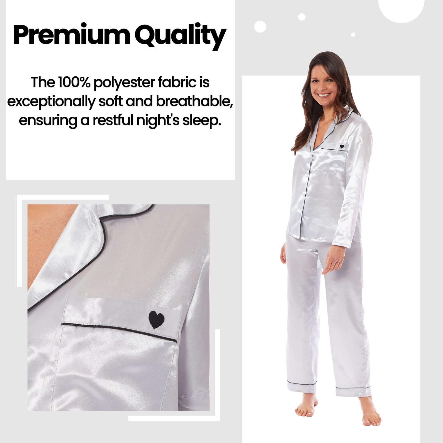 Luxurious Women's Satin Silk Long Sleeve Pyjama Set Cozy Loungewear Nightwear with Dress Shirt Collar and Loose-Fitting Pants in Black Pink Grey by Daisy Dreamer