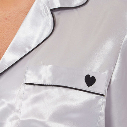 Luxurious Women's Satin Silk Long Sleeve Pyjama Set Cozy Loungewear Nightwear with Dress Shirt Collar and Loose-Fitting Pants in Black Pink Grey by Daisy Dreamer