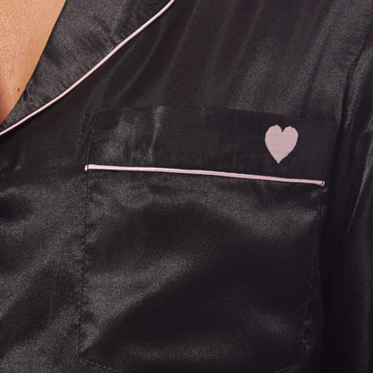 Luxurious Women's Satin Silk Long Sleeve Pyjama Set Cozy Loungewear Nightwear with Dress Shirt Collar and Loose-Fitting Pants in Black Pink Grey by Daisy Dreamer