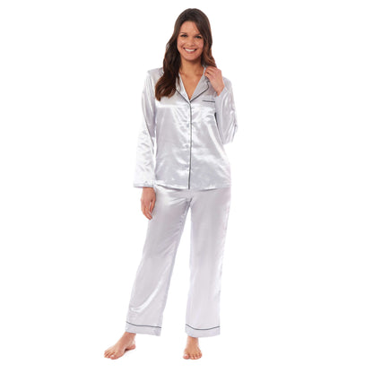 Luxurious Women's Satin Silk Long Sleeve Pyjama Set Cozy Loungewear Nightwear with Dress Shirt Collar and Loose-Fitting Pants in Black Pink Grey by Daisy Dreamer
