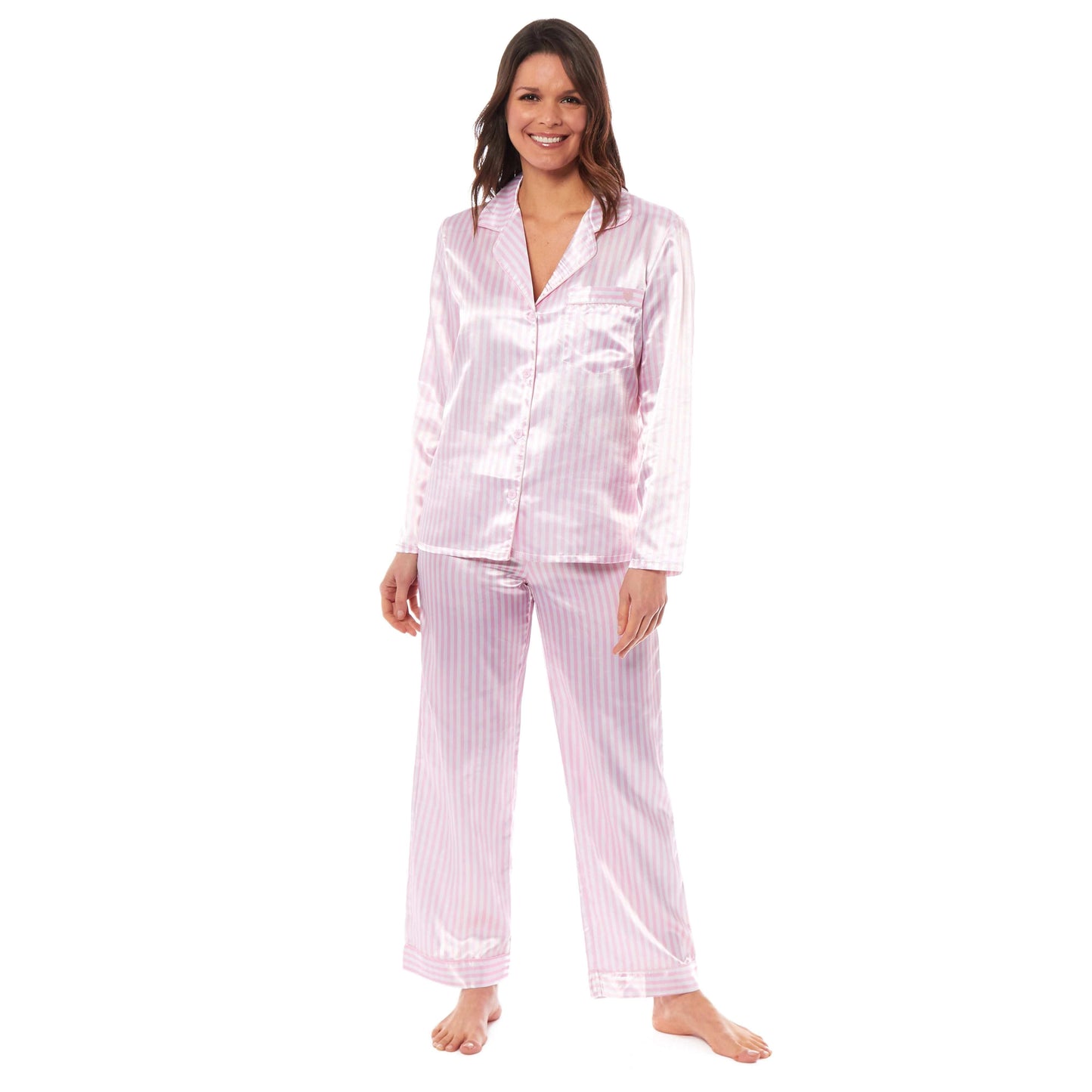 Luxurious Women's Satin Silk Long Sleeve Pyjama Set Cozy Loungewear Nightwear with Dress Shirt Collar and Loose-Fitting Pants in Black Pink Grey by Daisy Dreamer