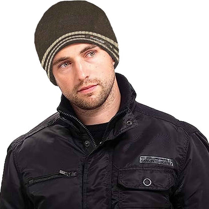 Men's 3M Thinsulate Insulated Fleece Lined Knitted Beanie Hat with Striped Design for Skiing Hiking Camping by Sock Stack