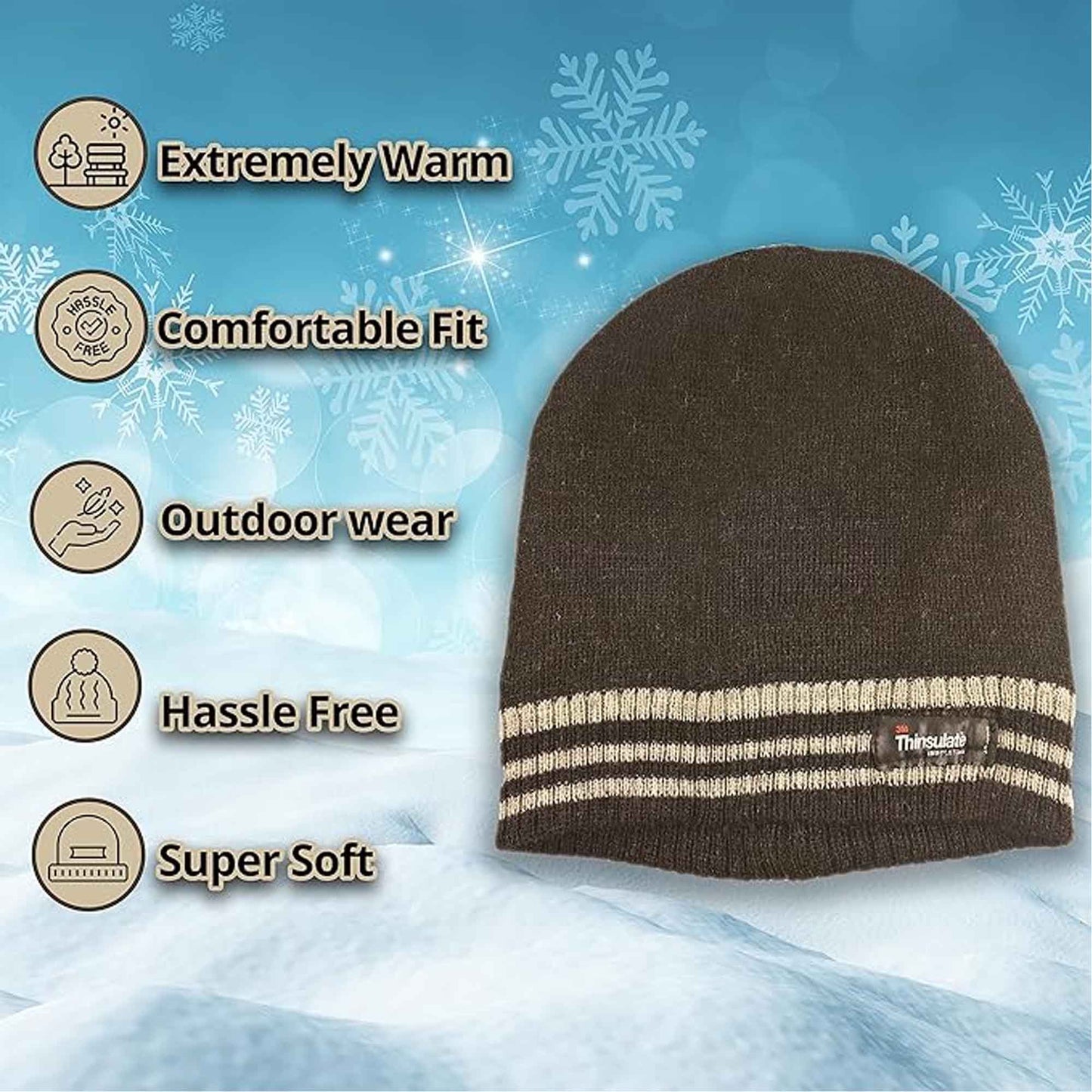 Men's 3M Thinsulate Insulated Fleece Lined Knitted Beanie Hat with Striped Design for Skiing Hiking Camping by Sock Stack