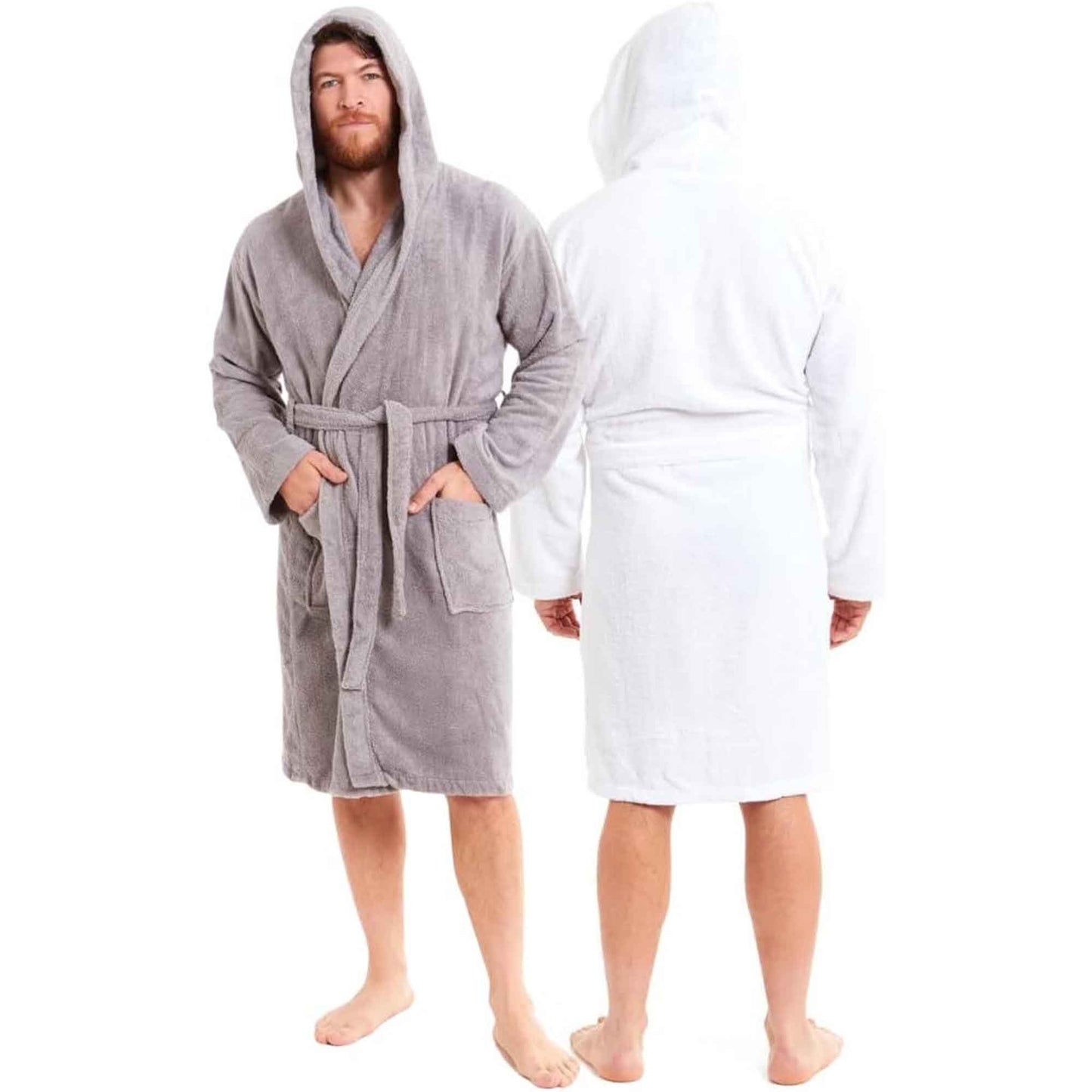 Men's Bamboo Hooded Bath Robe Ultra Absorbent Towelling Dressing Gown for Hotels Gyms Spas with Soft Breathable Cotton Blend Quick Dry Grey White by Toro Rocco
