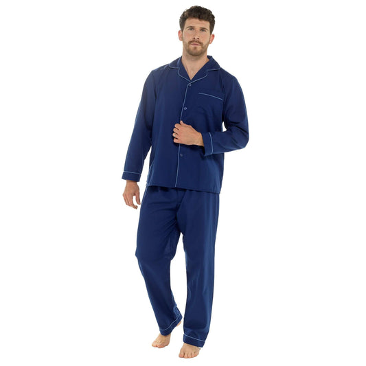 Men's Classic Navy Woven Pyjama Set  Long Sleeve Button Top & Bottoms Easy Care Nightwear Sleepwear by Sock Stack