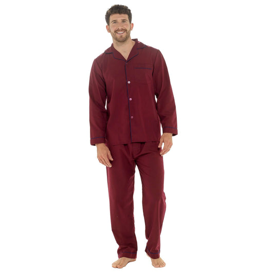 Men's Classic Red Woven Pyjama Set  Long Sleeve Button Top & Bottoms Easy Care Nightwear Sleepwear by Sock Stack