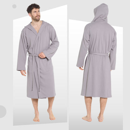 Men’s Hooded Waffle Cotton Bathrobe Grey Super Absorbent Spa Robe Luxury Dressing Gown for Home & Loungewear by Sock Stack