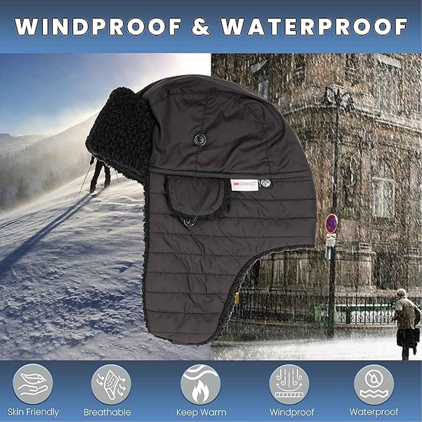 Mens Ribbed Waterproof Trapper Hat with 3M Thinsulate Fleece Lining for Winter Warmth and Cold Weather Protection by Heatwave Thermalwear
