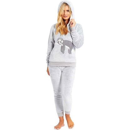 Mother Daughter Matching Sloth Hooded Fleece Pyjamas Plush Flannel Twosie Loungewear with Sherpa Lining Multiple Sizes Cozy Embroidered Sloth Design by Daisy Dreamer