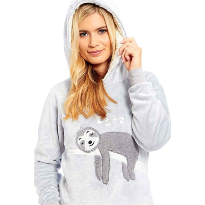 Mother Daughter Matching Sloth Hooded Fleece Pyjamas Plush Flannel Twosie Loungewear with Sherpa Lining Multiple Sizes Cozy Embroidered Sloth Design by Daisy Dreamer