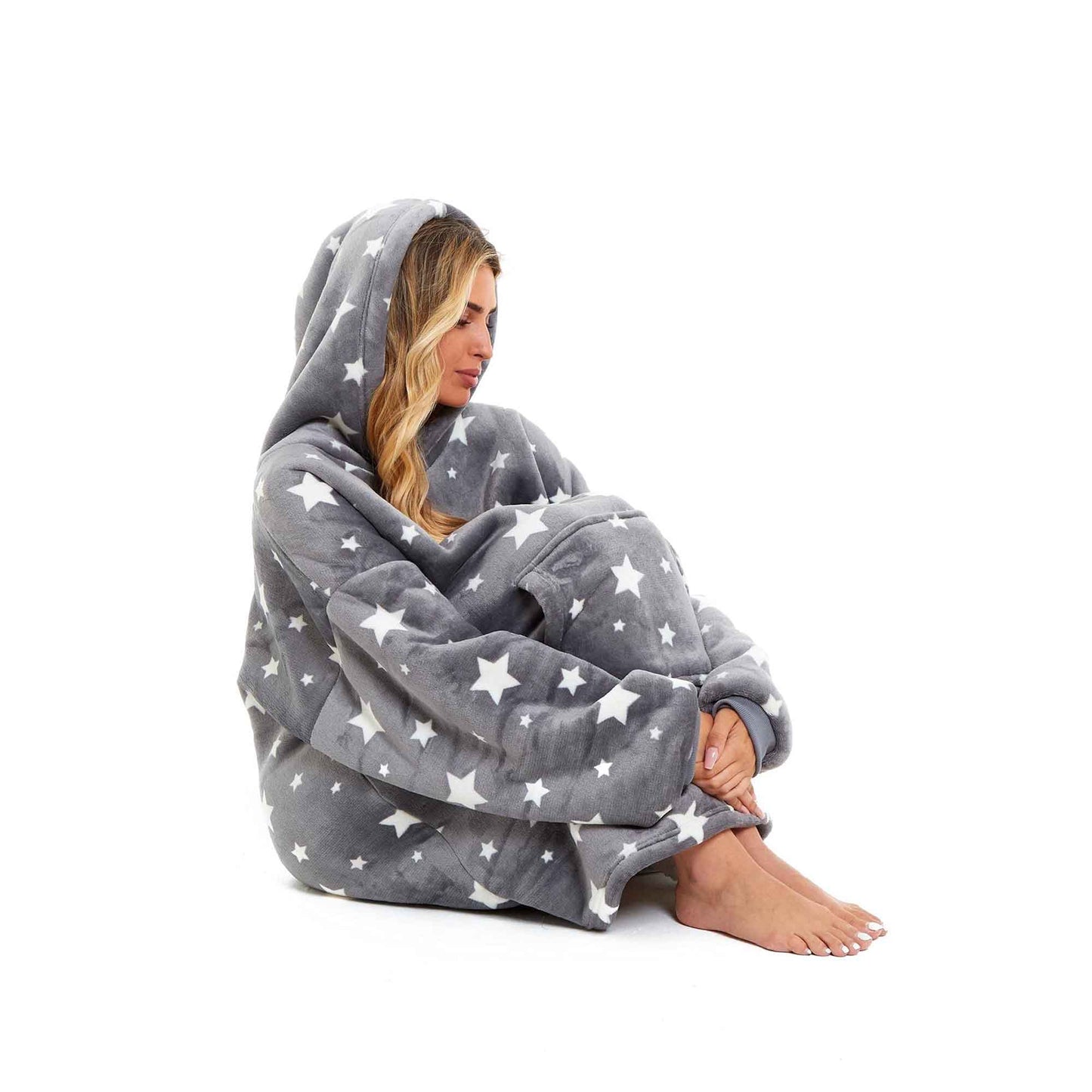 Oversized Grey Stars Hooded Blanket Ultra Soft Sherpa Fur Lining Plush Flannel Loungewear One Size Fits All for Adults and Kids by Daisy Dreamer