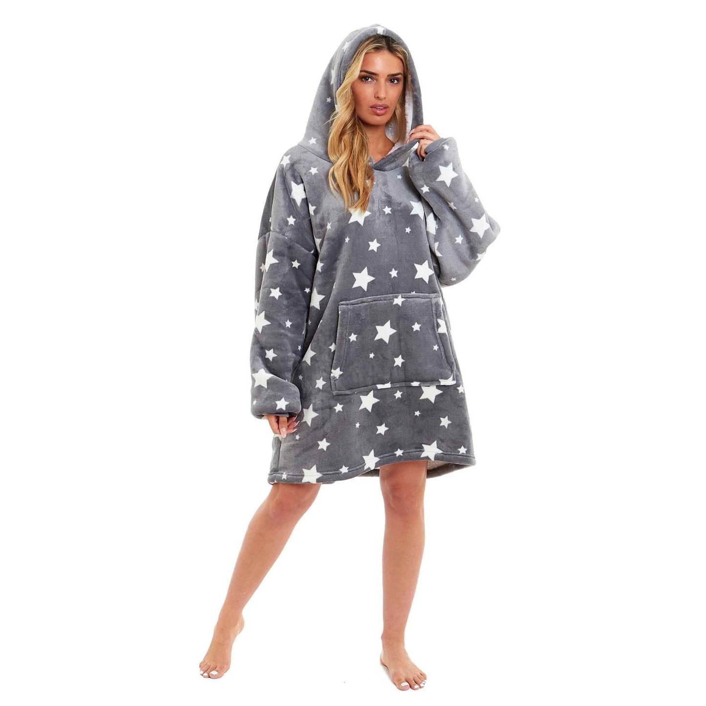 Oversized Grey Stars Hooded Blanket Ultra Soft Sherpa Fur Lining Plush Flannel Loungewear One Size Fits All for Adults and Kids by Daisy Dreamer