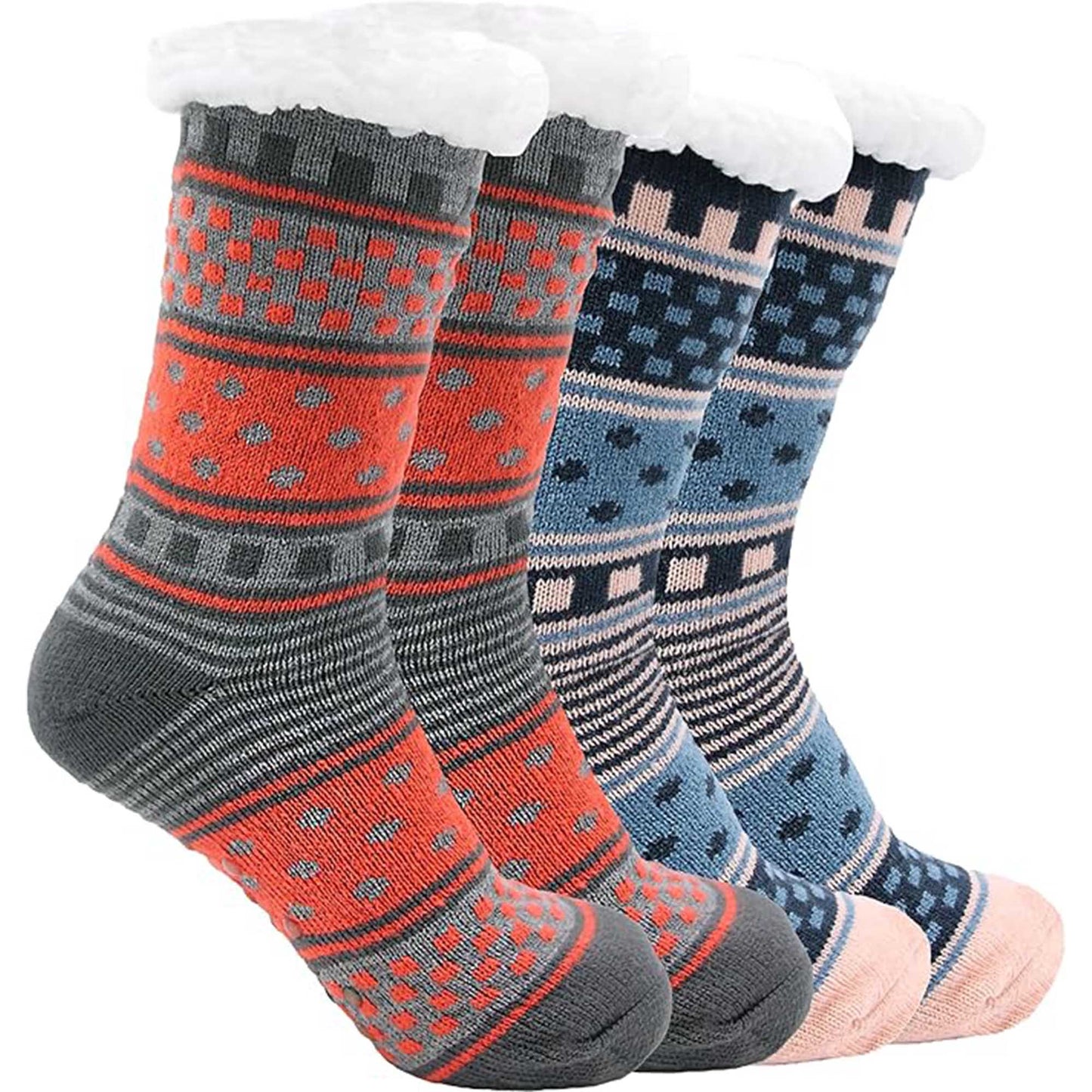 Pack of 2 Women's Fur Lined Chunky Slipper Socks Soft Warm & Cozy Winter Non-Slip Knitted Lounge Bed Socks by Socks Stack.