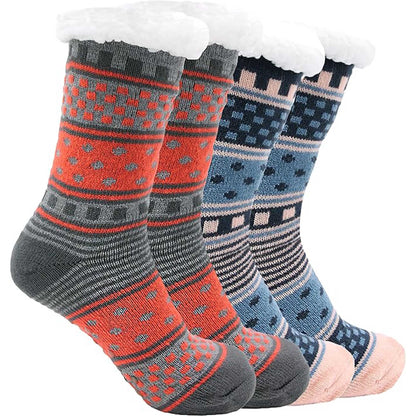 Pack of 2 Women's Fur Lined Chunky Slipper Socks Soft Warm & Cozy Winter Non-Slip Knitted Lounge Bed Socks by Socks Stack.