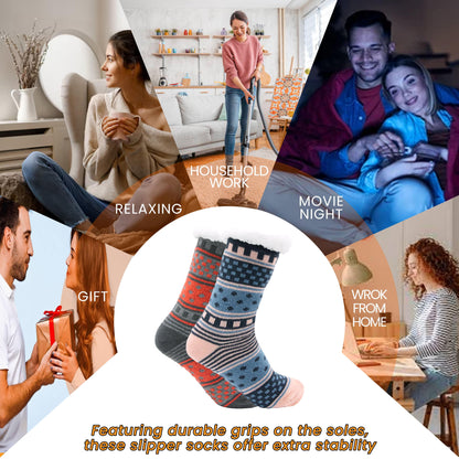 Pack of 2 Women's Fur Lined Chunky Slipper Socks Soft Warm & Cozy Winter Non-Slip Knitted Lounge Bed Socks by Socks Stack.