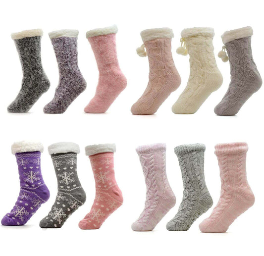 Pack of 3 Pairs Womens Chunky Knit Slipper Socks Tall Sherpa Fleece Fur Lined Non Slip Grips Warm Winter Home Lounging UK Sizes 4-7 Assorted Colors by Sock Stack