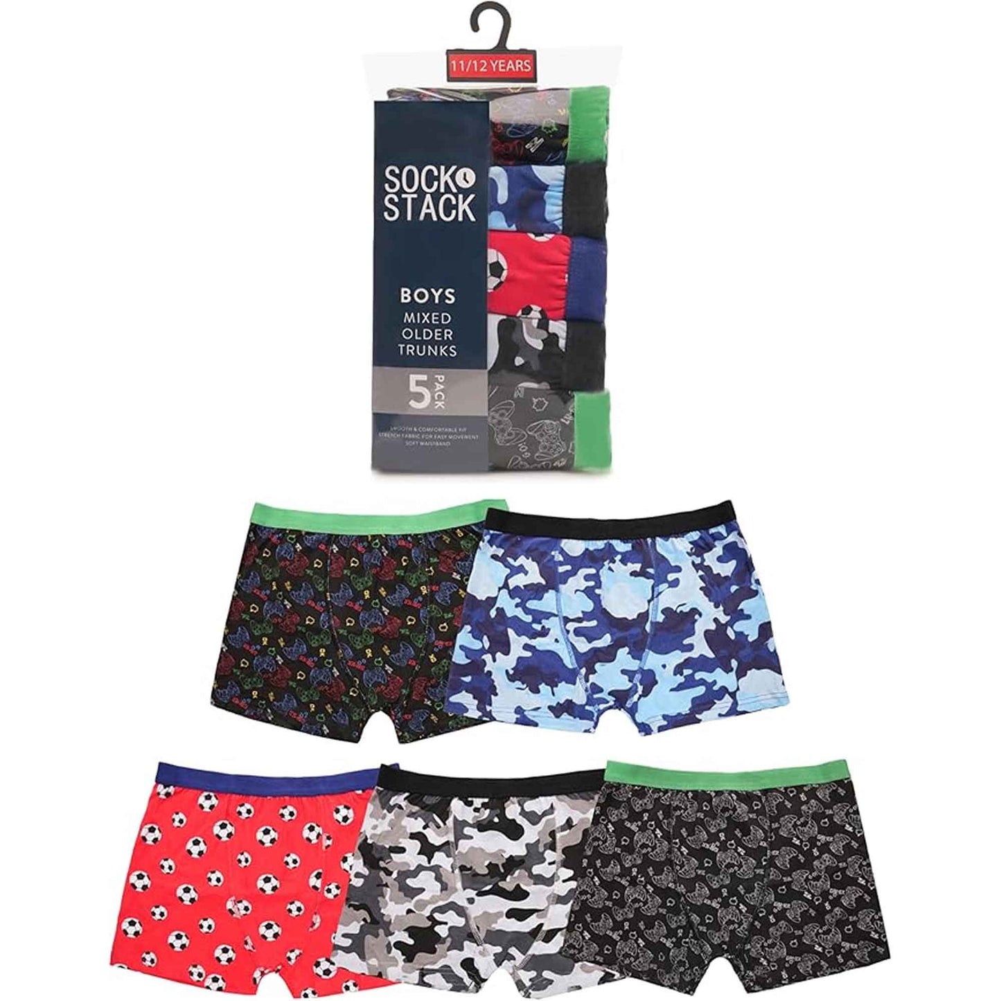 Pack of 5 Boys Boxer Shorts Cotton Rich Football Army Gamer Designs Elastic Waistband Comfortable Underwear for Active Kids by Sock Stack
