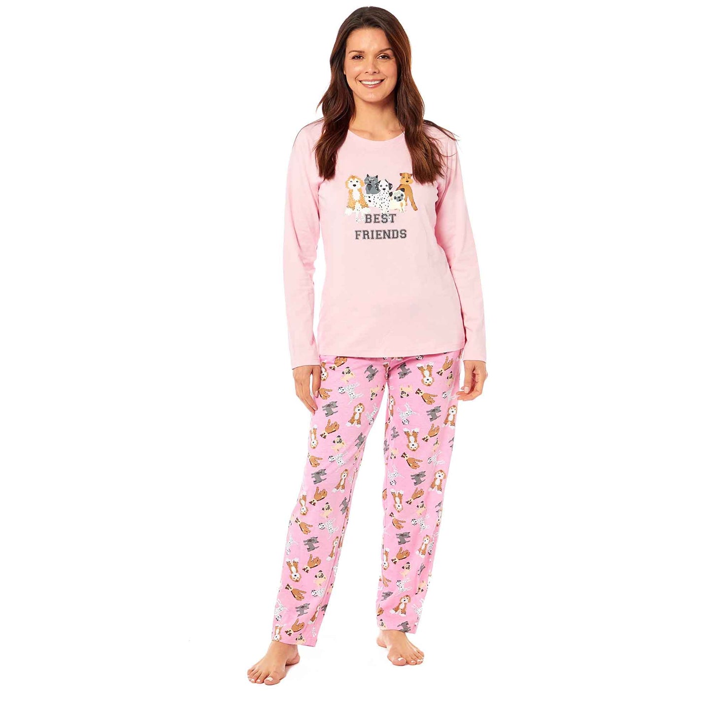Soft Pink Dogs Pyjama Lounge Set for Women Comfortable Cotton Long Sleeve Top with Patterned Bottoms Elasticated Waistband Cozy PJs Available in Sizes Small to X Large Daisy Dreamer