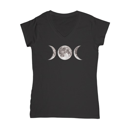 Triple Goddess V‑Neck T‑Shirt | Fitted Cotton Moon Phase Tee