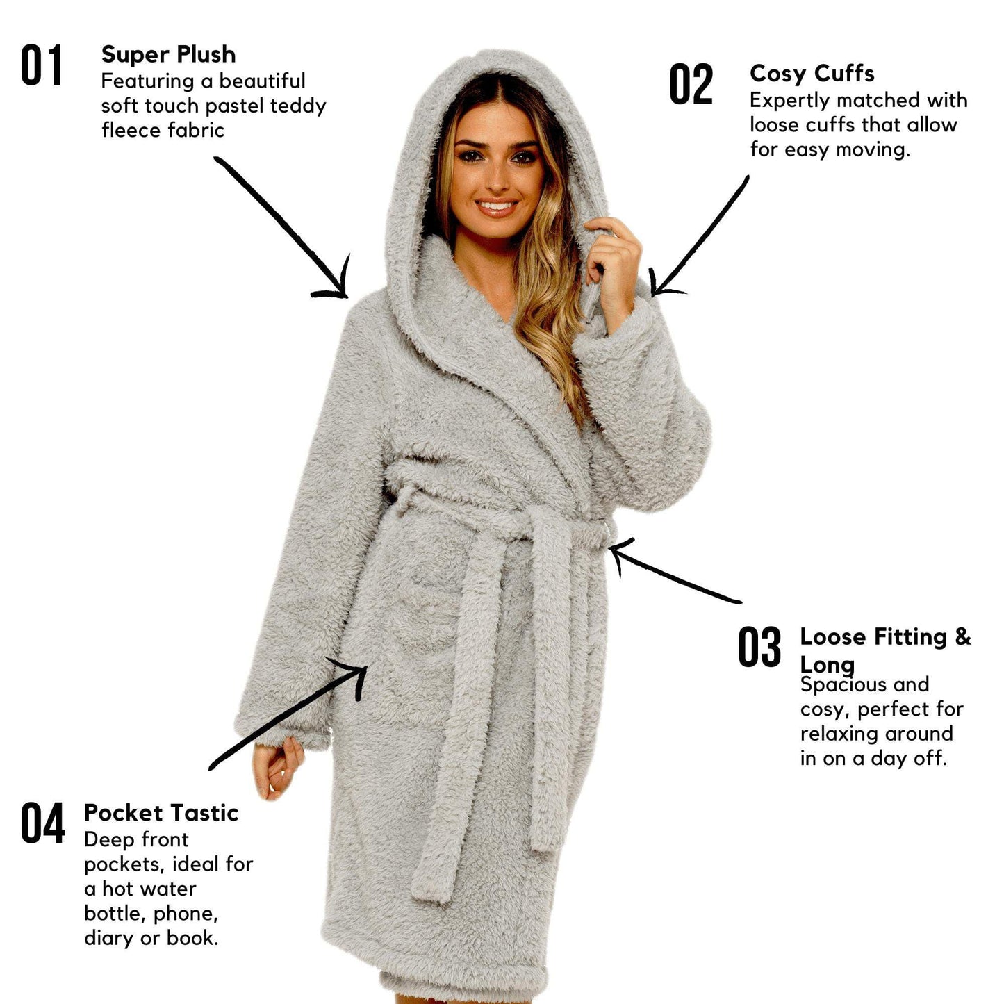Ultra-Soft Women's Grey Hooded Teddy Fleece Bath Robe Perfect for Lounging and Post-Shower Comfort Available in Sizes Small to X Large by Daisy Dreamer
