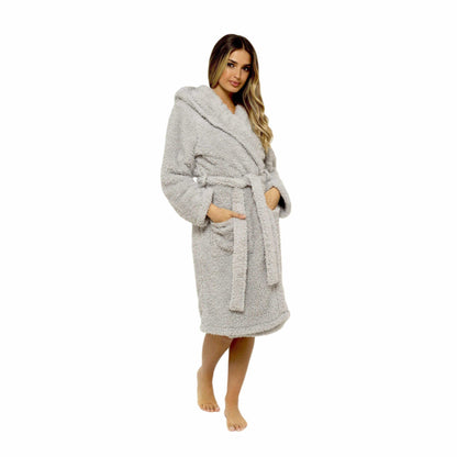 Ultra-Soft Women's Grey Hooded Teddy Fleece Bath Robe Perfect for Lounging and Post-Shower Comfort Available in Sizes Small to X Large by Daisy Dreamer