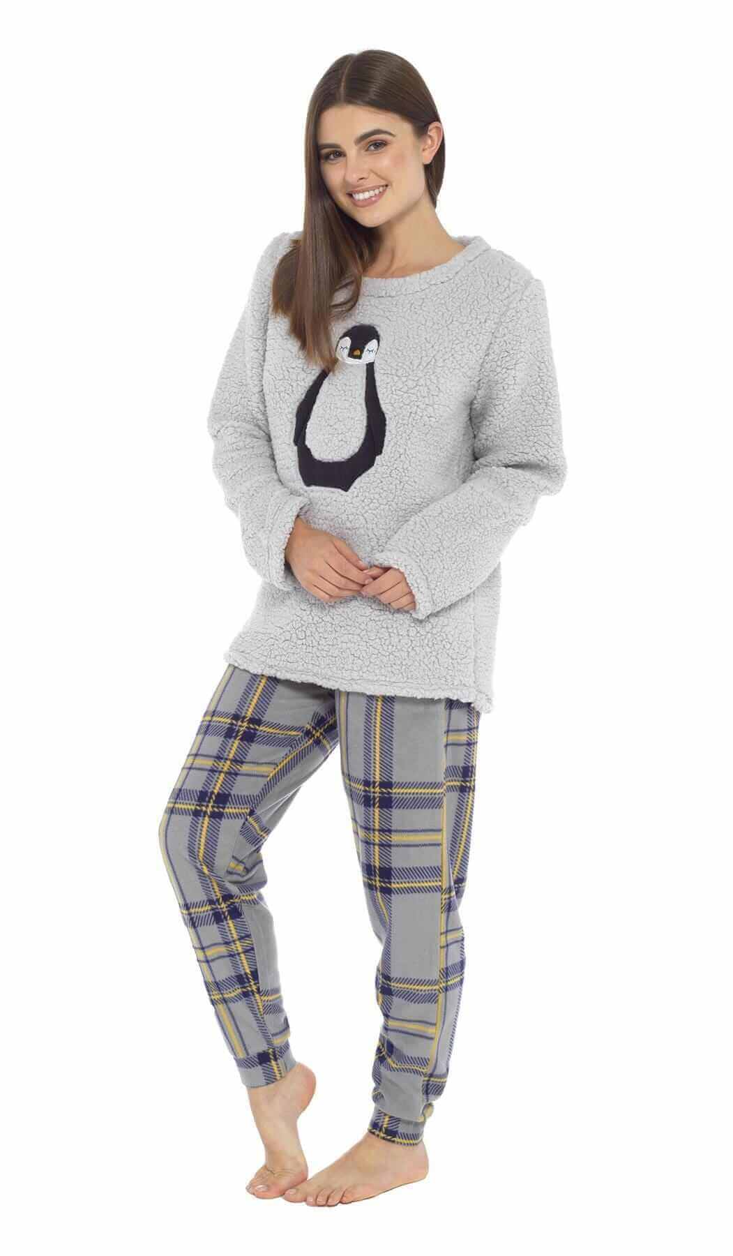 Ultra Soft Women's Teddy Fleece Pyjama Set Cozy Penguin Design Super Warm Sleepwear with Elasticated Waistband for Cold Nights by Daisy Dreamer