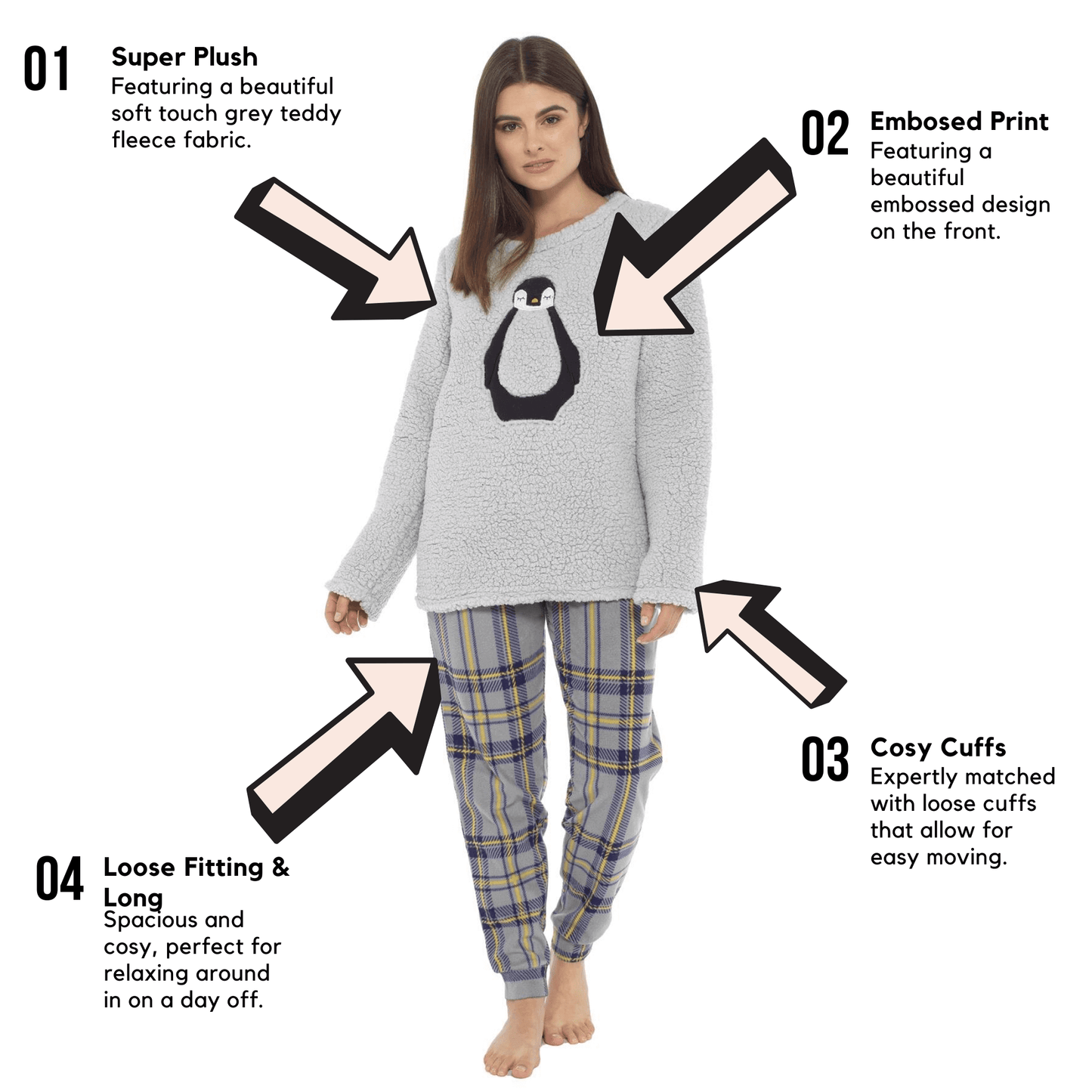 Ultra Soft Women's Teddy Fleece Pyjama Set Cozy Penguin Design Super Warm Sleepwear with Elasticated Waistband for Cold Nights by Daisy Dreamer
