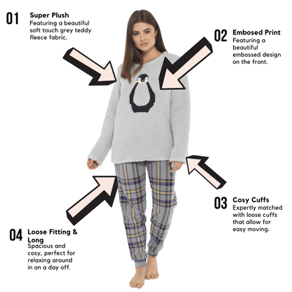 Ultra Soft Women's Teddy Fleece Pyjama Set Cozy Penguin Design Super Warm Sleepwear with Elasticated Waistband for Cold Nights by Daisy Dreamer