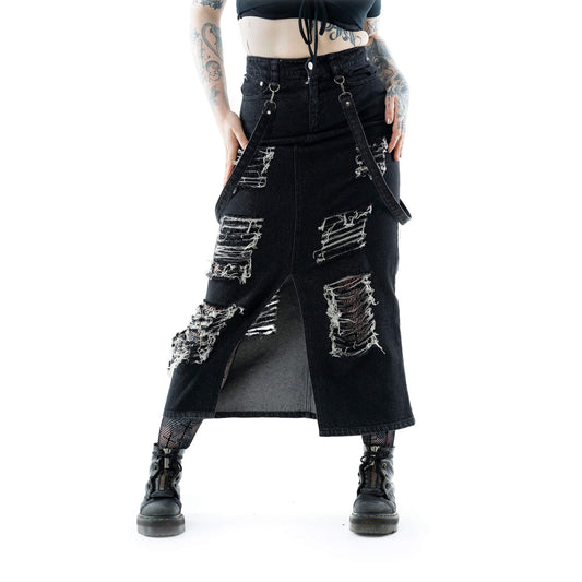 Vixxsin Runa Distressed Denim Maxi Skirt – Black Stonewash